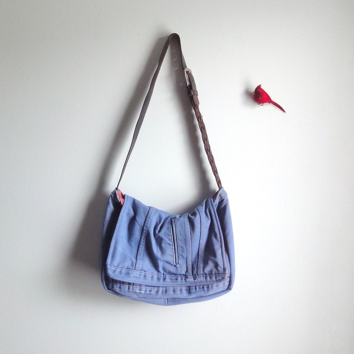 Eco-Friendly Messenger Bag, Large, Denim with Upcycled Adjustable Leather Strap