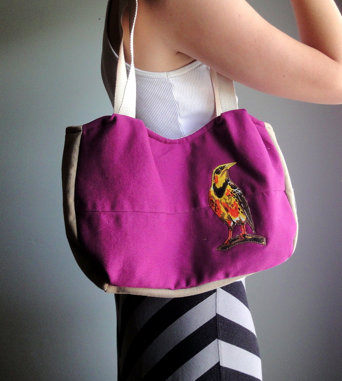 Upcycled Applique Purse, Ecofriendly Purple Shoulder Bag, Repurposed Eggplant Canvas