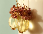 White Grapes Red Wine Earrings in Gold with Oro Verde Lemon Quartz and Multi Color Tourmaline