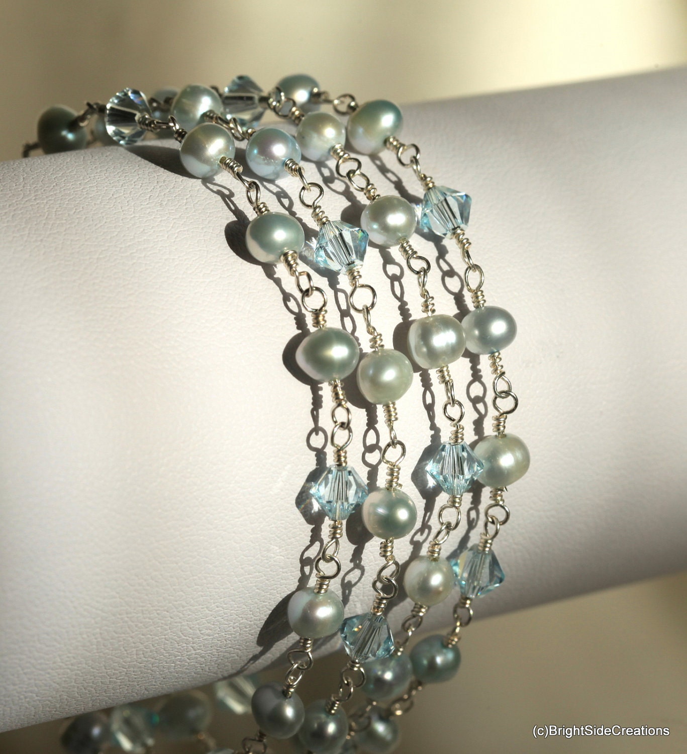 Delicate Baby Blue Multi Strand Bracelet with Freshwater Pearls and Swarovski Crystals in Sterling Silver