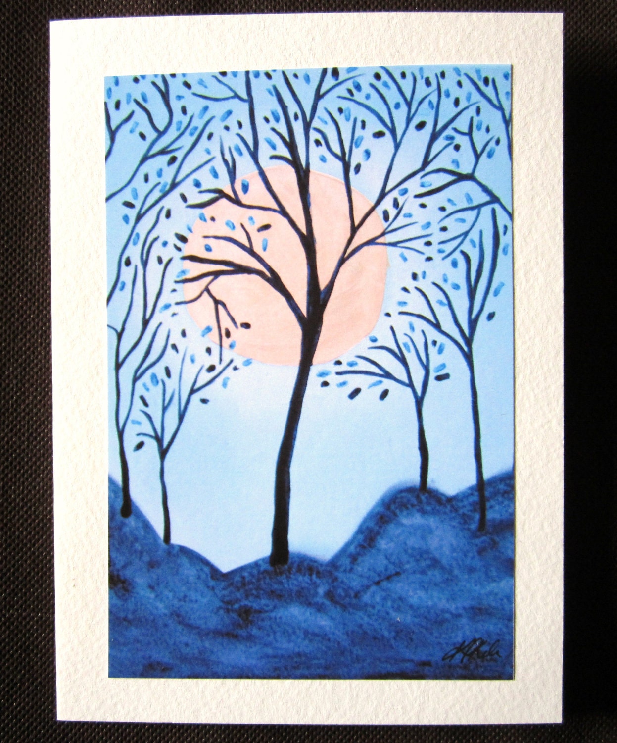 Asian  Moon Blue Trees Abstract Blank Greeting Card