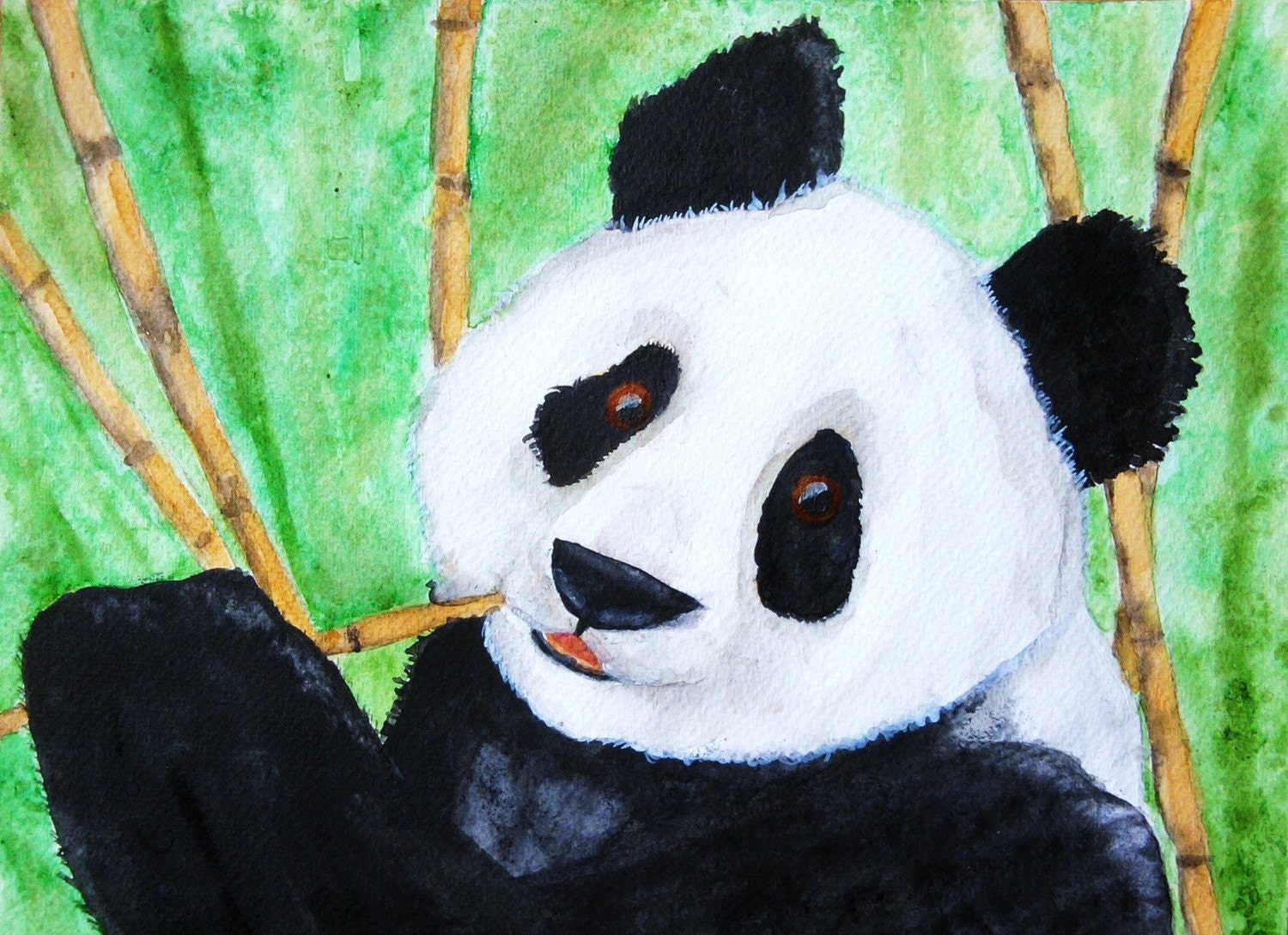 Happy Panda Art Green Bamboo Print  Giclee with 8 x 10 mat