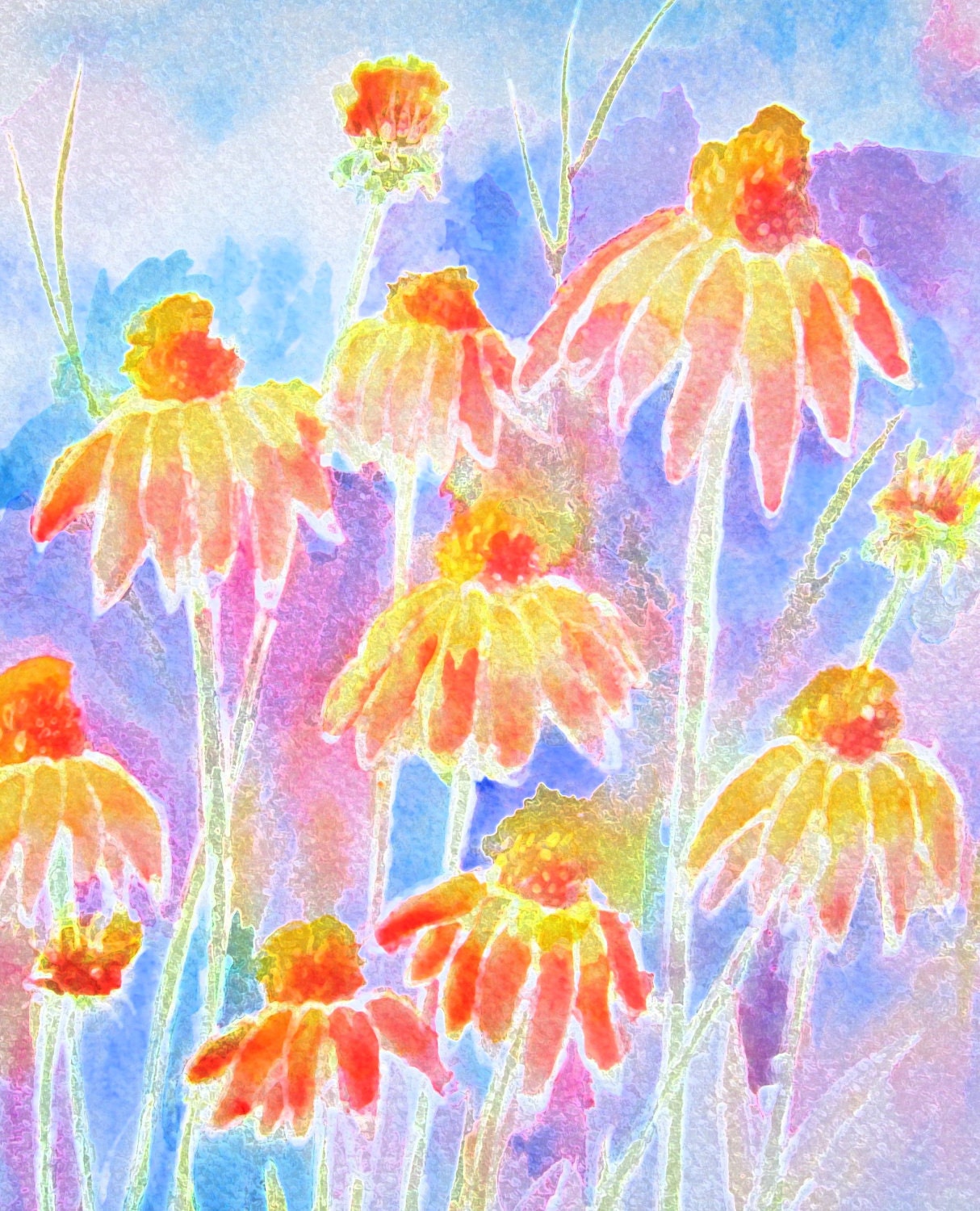 Lazy Daisies 5 x 7 Pastel Purple Pink Orange Daisies Abstract Signed Giclee Art Print
