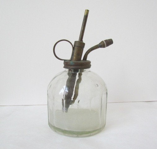 Vintage Mister Farmhouse Antique Jar Glass Liquid Mister with Brass Pump Style Plunger