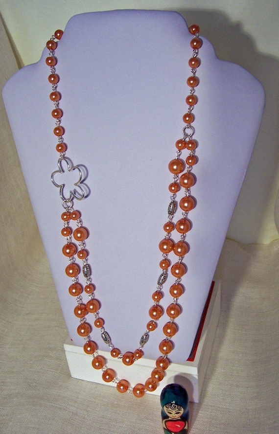 Orange glass pearl necklace Double Strand by evecollection on Etsy