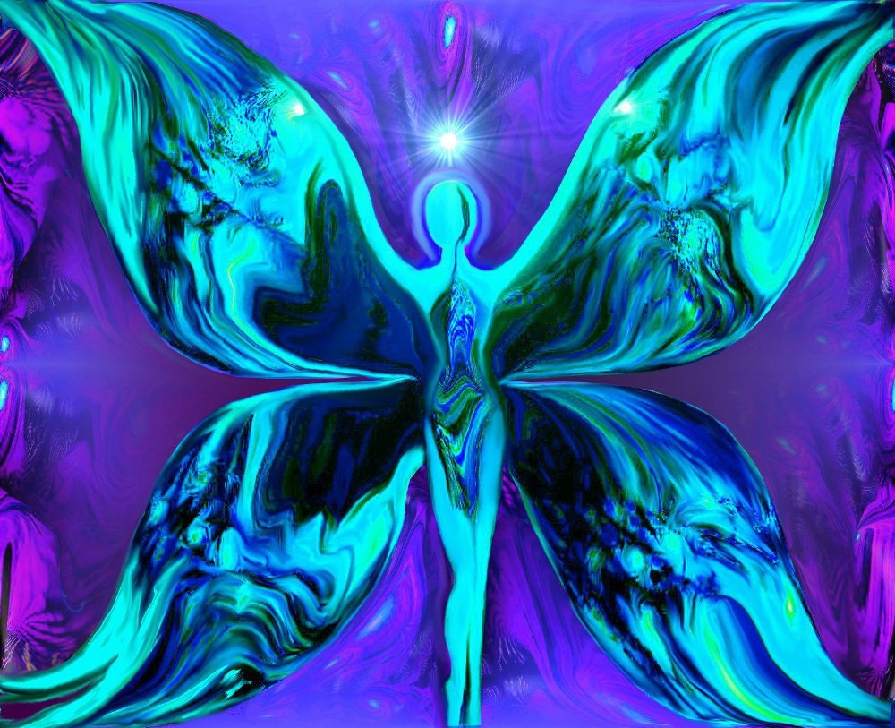 Energy Art Purple Teal Reiki Wall Decor  Abstract Butterfly Goddess  8 x 10 Print