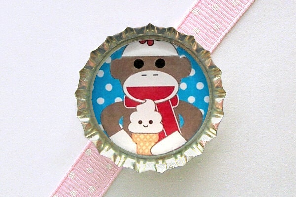 Sock Monkey Kawaii Ice Cream Bottle Cap Magnet - kids birthday party themes, sock monkey party favor, sock monkey birthday party, decoration