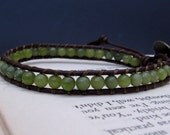 Leather Wrap Bracelet (1x) - Green Nephrite Jade & Brown Leather, Vintage Brass Closure - by We Are 1