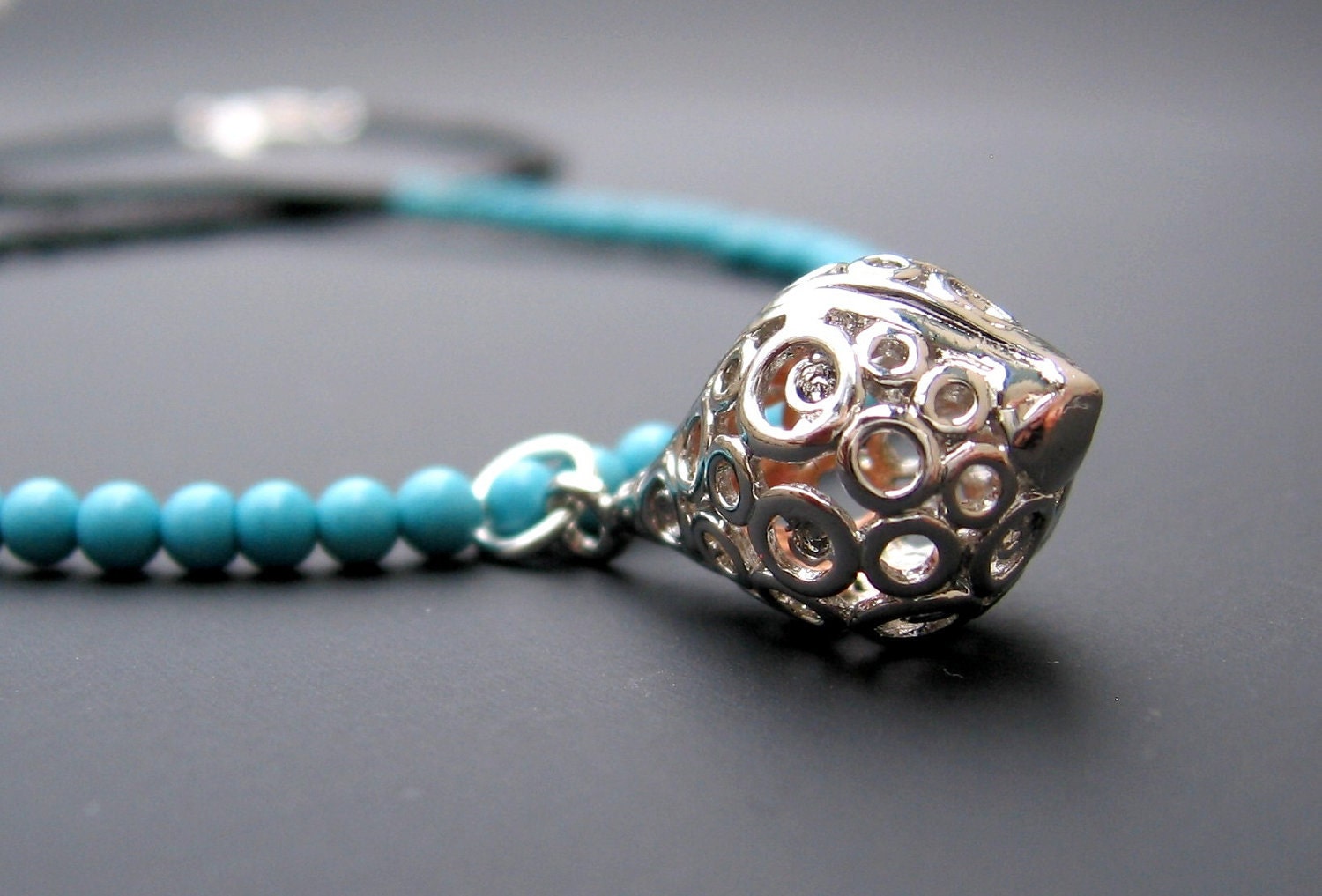 Black & Turquoise Necklace with Silver Bubbles Teardrop Pendant - We Are 1