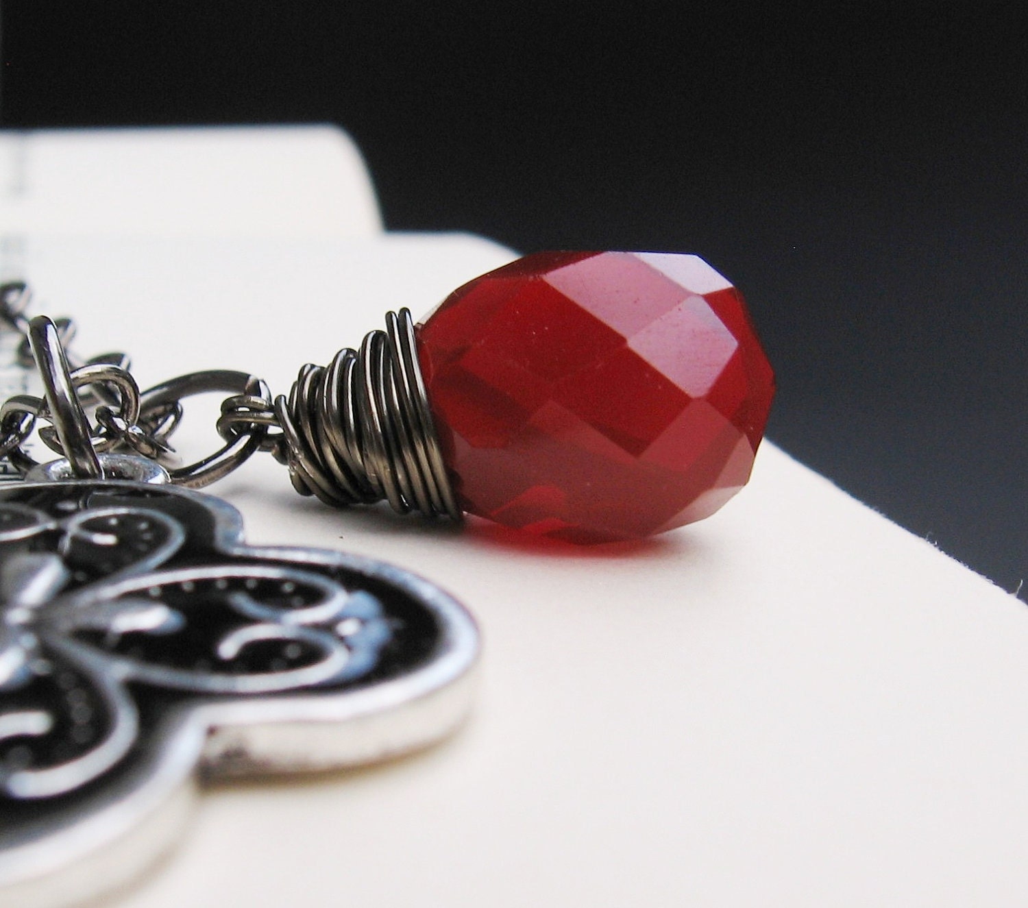 Red & Black Teardrop Necklace - Opaque Crimson Quartz Teardrop, Wire Wrapped, Metal and Black Pendant, Gunmetal Chain - Kerra by We Are 1