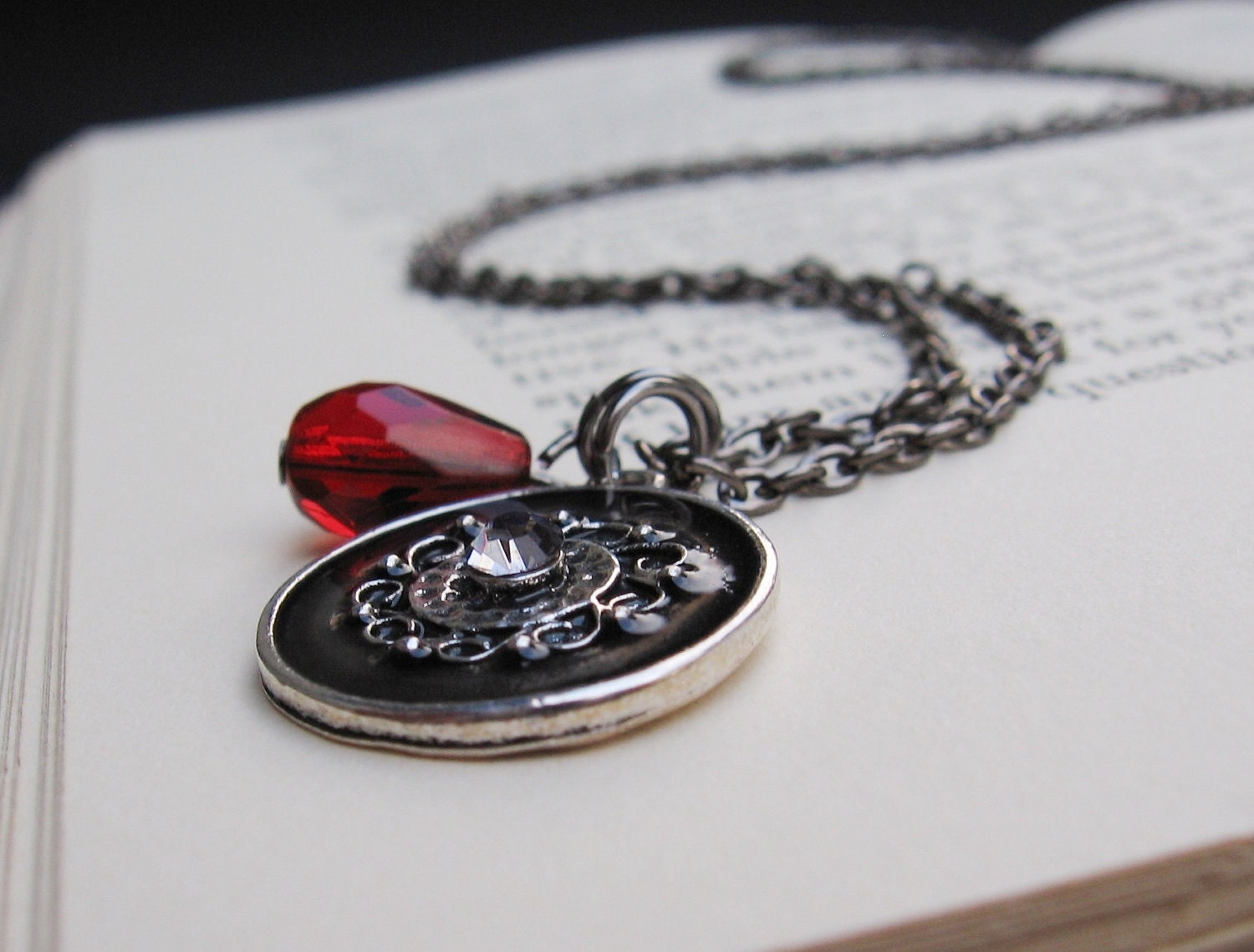 Ambra - Crimson Red Drop, Metal and Black Pendant with Crystal Inset, Gunmetal Chain - NECKLACE