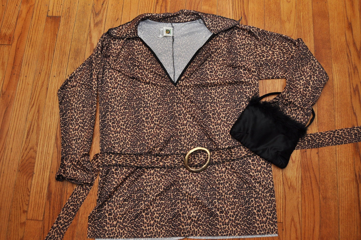 1980s Vintage Leopard Print Tunic Costume with Little Black Feather Trim Handbag