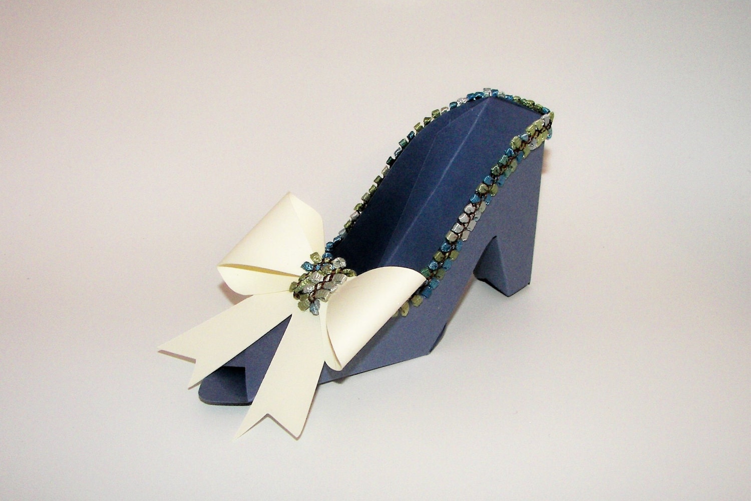 Blue High Heel Paper Shoe with Large Beige Bow