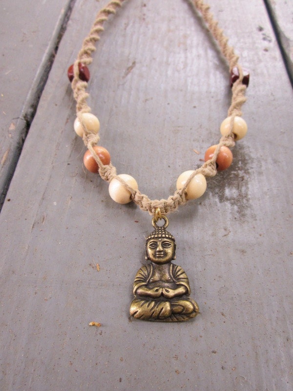 LAST ONE - Bronze Buddha Hemp Necklace with Wooden Beads