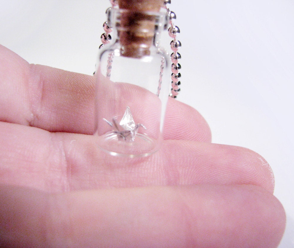 Tiny Silver Origami Crane in Vial Pendant Necklace
