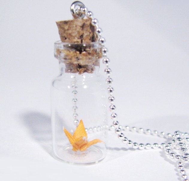Miniature Origami Crane in Vial Pendant Necklace Orange