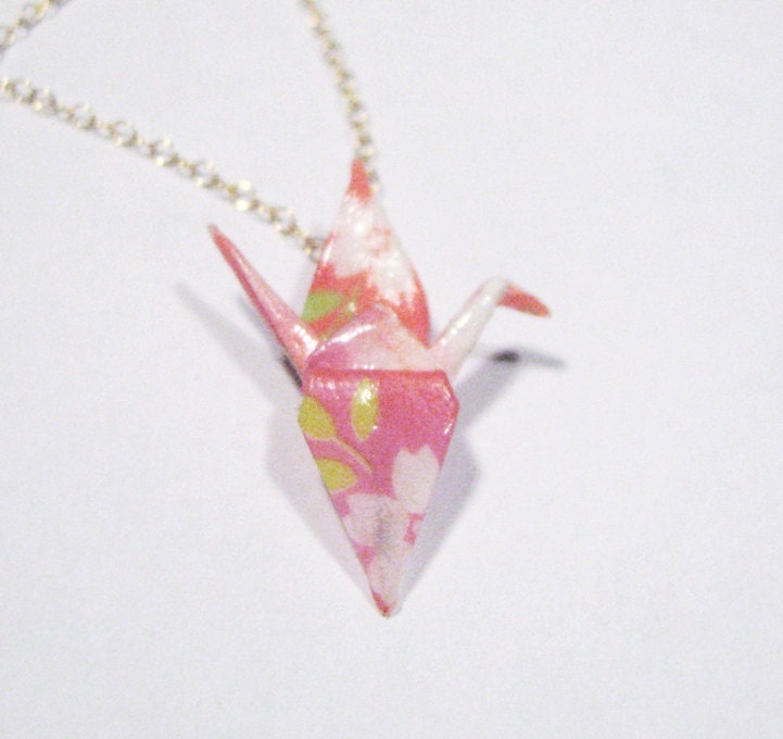 Miniature Origami Crane Necklace - Pink with White Flowers - Gold Fill Chain