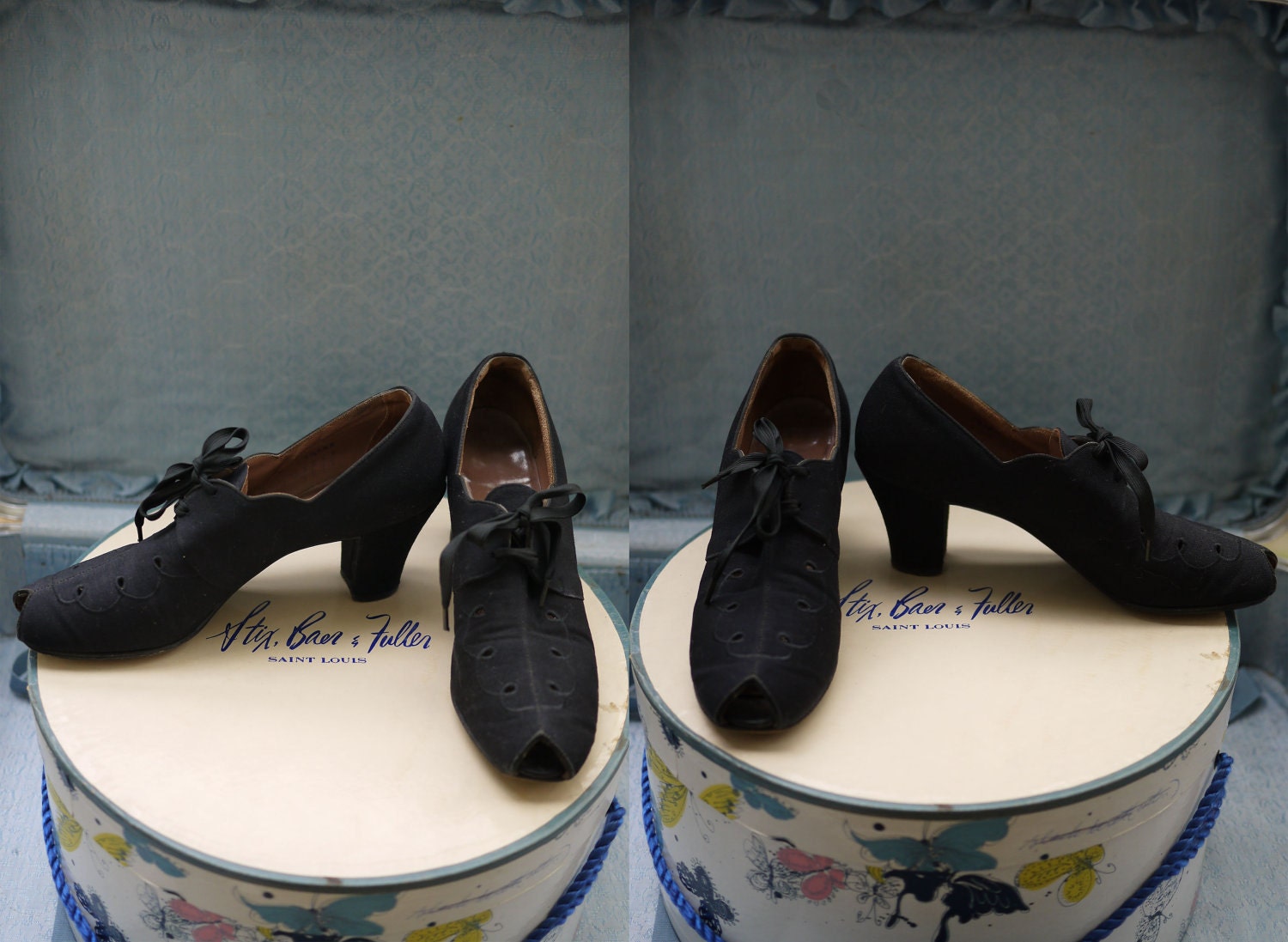 1940's Black Wool and Cotton Peep Toe Heels Size 7 1/2