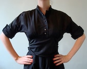 Vintage 1950s Elegant Black taffeta dress, New Look, tea length, dramatic dress, full skirt, rhinestones, Rockabilly,