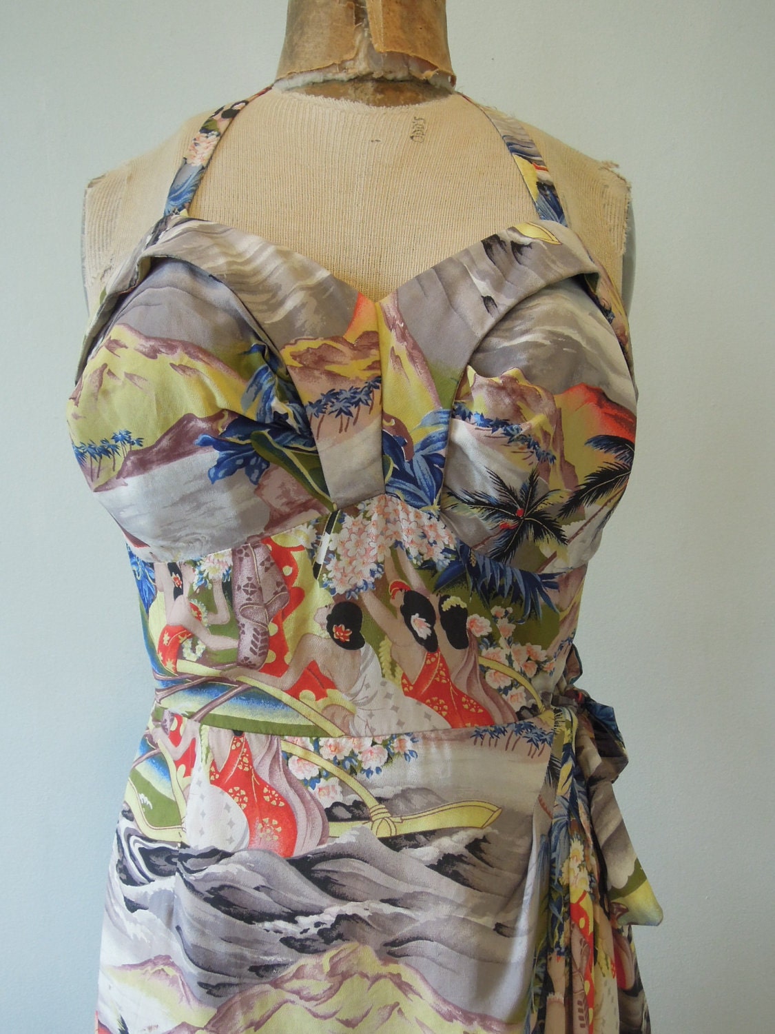 Reserved ///////// Gorgeous Vintage 1950s Hawaiian halter dress, sarong skirt Frank Macintosh style Tiki print ///////////