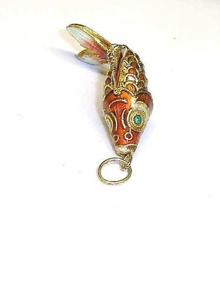Vintage Chinese Guilloche Enameled Gilt Silver Articulating Koi Fish Necklace Pendant