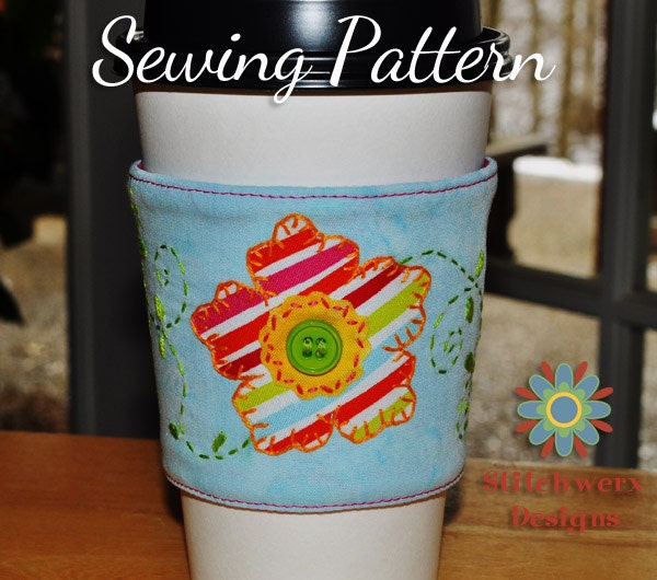 S304 Coffee Cup Cozy Sleeve Sewing Pattern - Flowers and Vines Applique Design