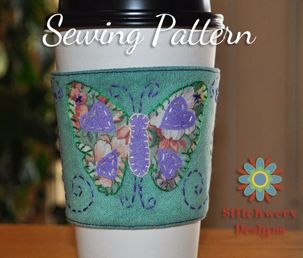 Coffee Cup Cozy Sleeve Sewing Pattern - Butterfly and Hearts Design