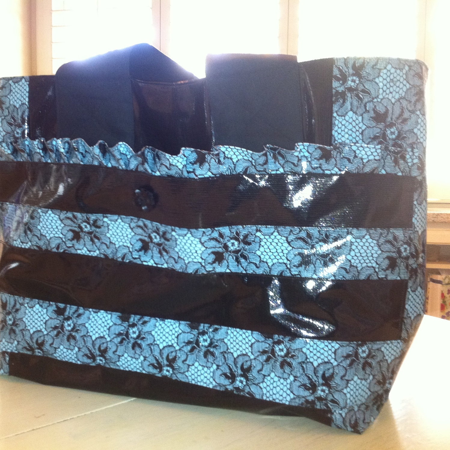 Designs By Christina Beach Pool Bag Oilcloth Blue Black Lace