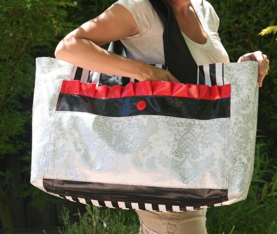 Ultimate Resort Pool or Beach Bag Oilcloth Red and Silver Black Fully Lined