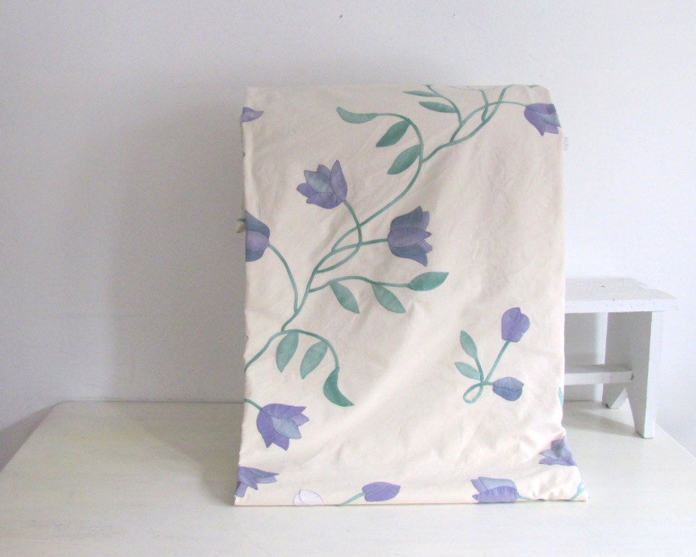 Vintage Queen Duvet Hand Appliqued Tulips Cotton Queen Comforter Cover White Purple