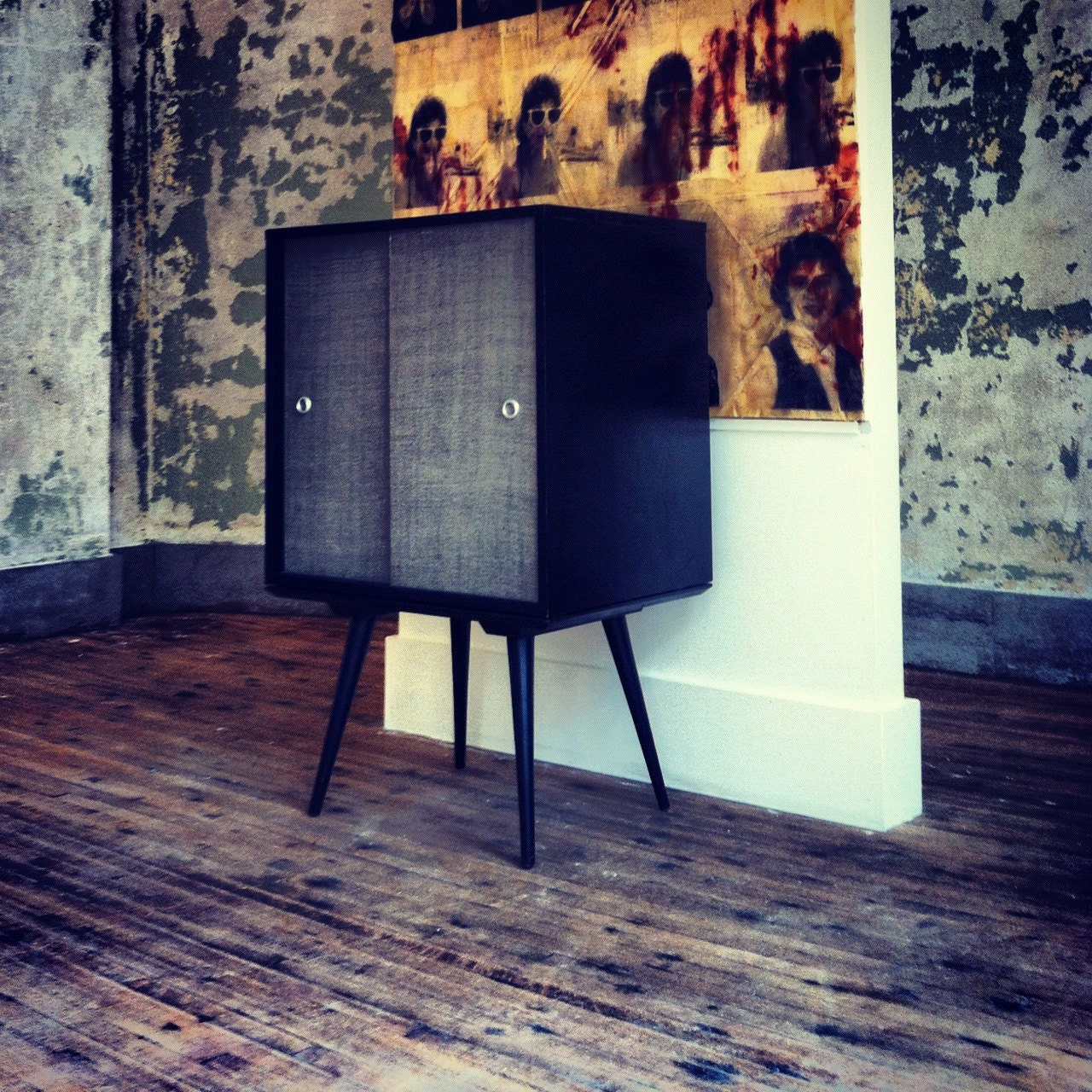 Mid Century Modern Paul McCobb Planner Group Modular Bar Cabinet With Grasscloth Doors