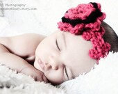 3 to 6 Month Rosette Crochet Flower Headband - Valentine Headband in Hot Pink, Black Rose Flower Crochet Headband - Head Band - Photo Prop