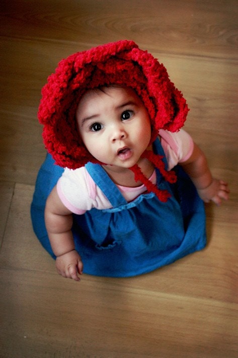 SALE 6 to 12m Baby Red Rose Flower Hat Baby Bonnet - Crochet Baby Hat Wonderland Rose Pixie Spring Flower Girl Baby Hat Photo Prop