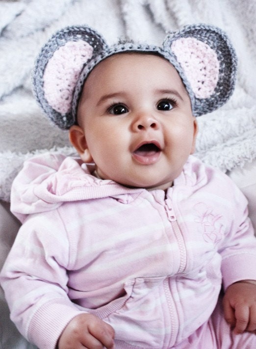 SALE 2T to 4T Little Mouse Headband - Crochet Toddler Headband Grey Pink Animal Headband Mouse Ears Child Photo Prop
