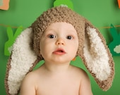 SALE 6 to 12m Baby Bunny Hat Baby Beanie - Crochet Baby Hat in Brown, Cream, Unisex Flopsy Rabbit Hat  - Baby Bunny Photo Prop