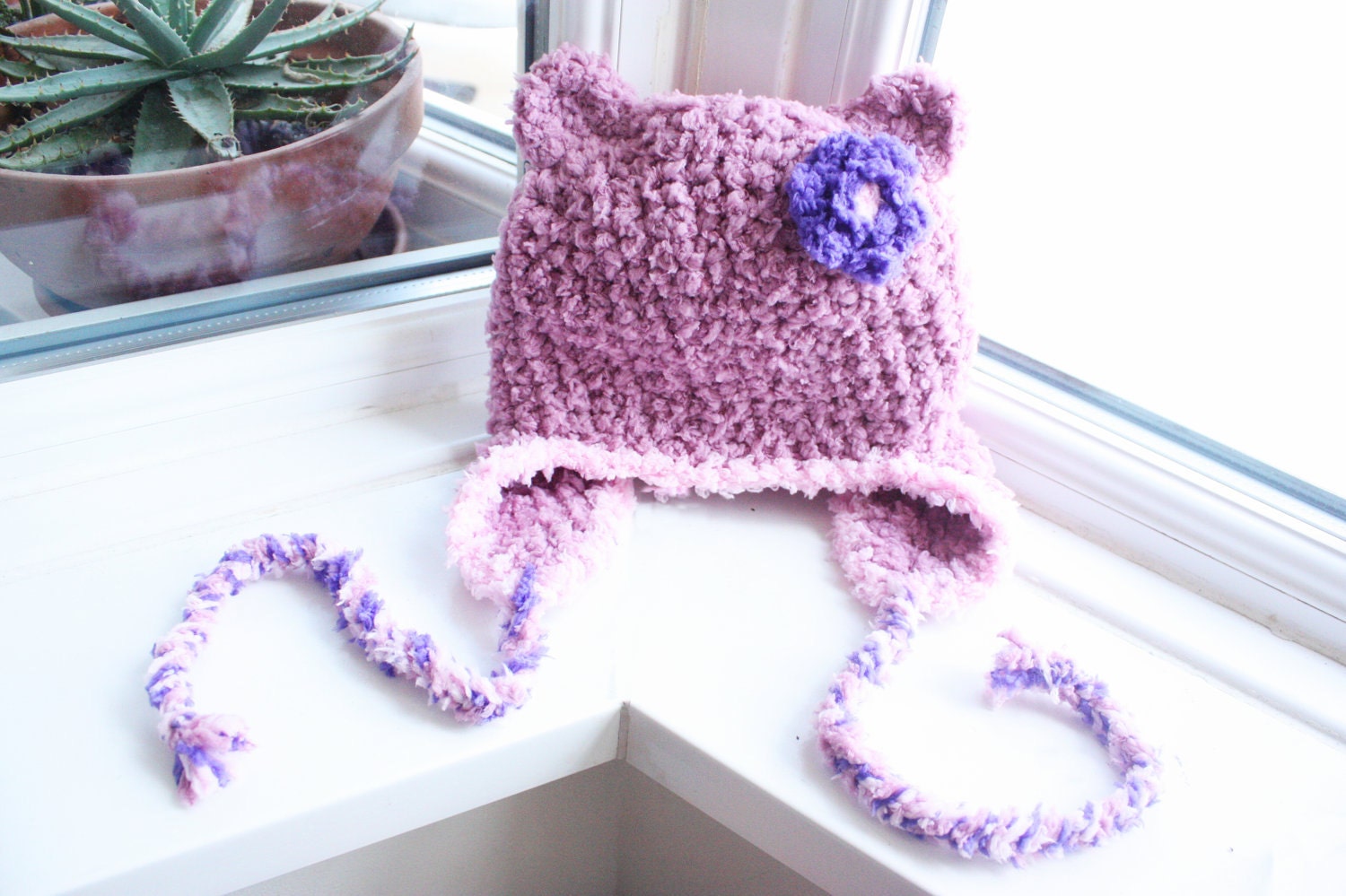 SALE 3 to 6m Girl Earflap Hat Baby Bear Hat Plum Flower Infant Bear Beanie - Crochet Baby Animal Hat Bear Spring Flower Hat Bear Photo Prop