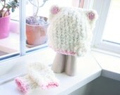 SALE 0 to 3m Newborn Baby Bear Hat Set Baby Shower Gift - Crochet Spring Flower Newborn Bear Baby Hat and Mittens Cream Baby Pink Flower Hat
