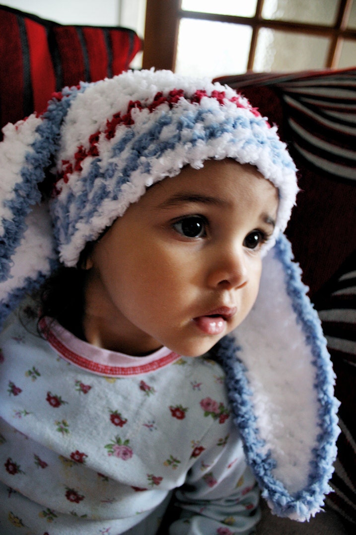 SALE 6 to 12m Red White Blue Baby Hat Stripe Bunny Beanie - Crochet Baby Bunny Hat Baby Red Blue White Patriotic Beanie USA Flag