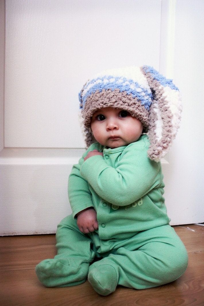 SALE 2T to 4T Toddler Boy Hat Bunny Hat Stripe Childs Beanie - Crochet Stripe Boy Hat Brown Lagoon Blue Cream Bunny Ears Photo Prop