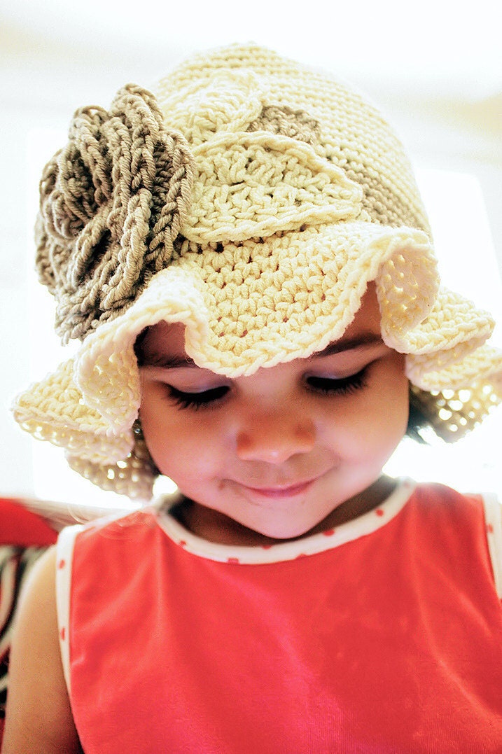 SALE 3 to 6m Summer Sun Hat Baby Flower Hat - Cream Crochet Cloche Hat Rose Flower Leaf Baby Hat Brim Flapper Hat Infant Girl Hat