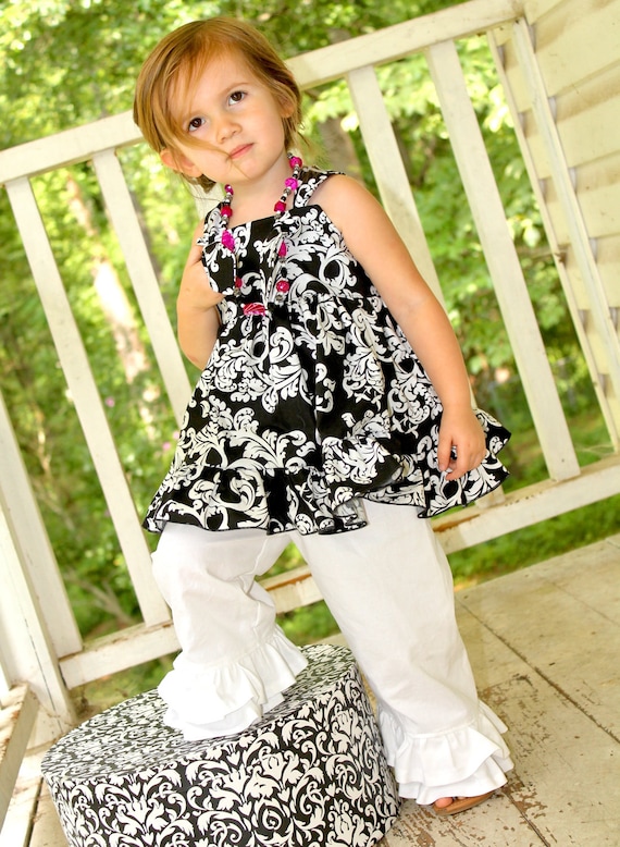 Black and White Damask Knot Top and Double Ruffle Pants Sizes 6-12 M, 12-18 M, 18-24 M, 2, 3, 4, 5.