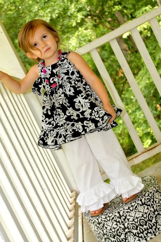 Black and White Damask Knot Top and Double Ruffle Pants Sizes 6-12 M, 12-18 M, 18-24 M, 2, 3, 4, 5.