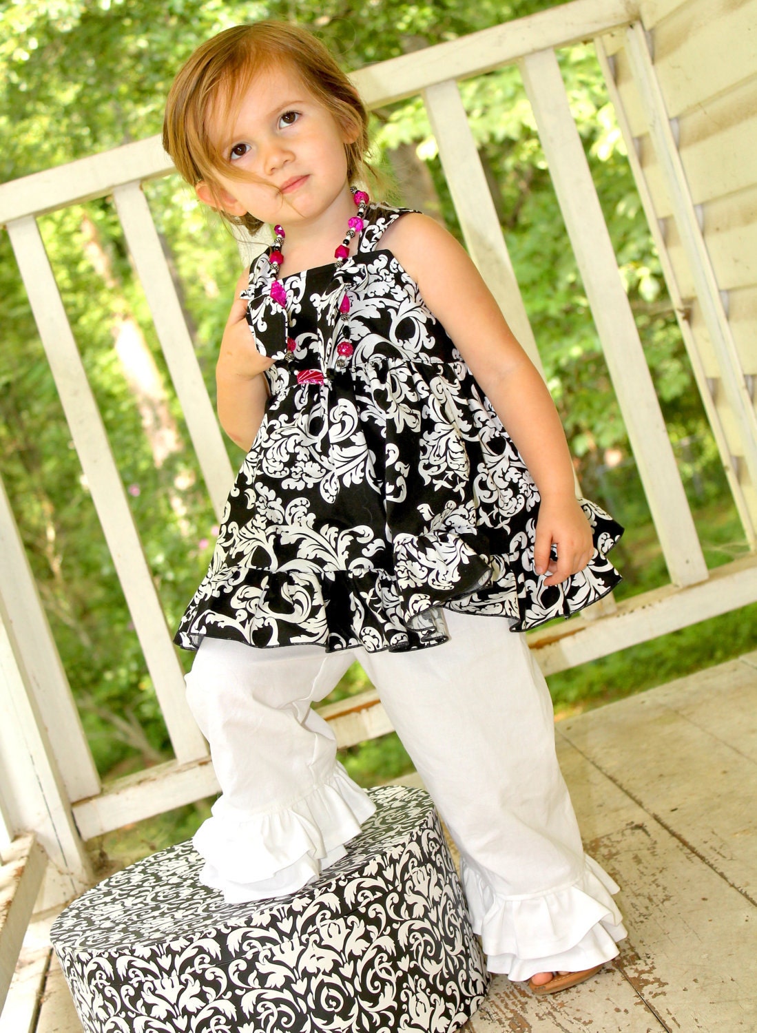 Black and White Damask Knot Top and Double Ruffle Pants Sizes 6-12 M, 12-18 M, 18-24 M, 2, 3, 4, 5.