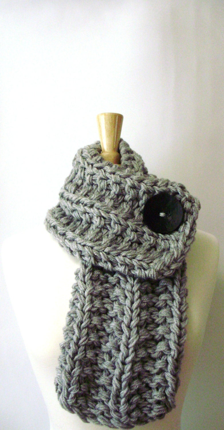 Light Grey Chunky Knit Cowl Scarf with Large Black Button