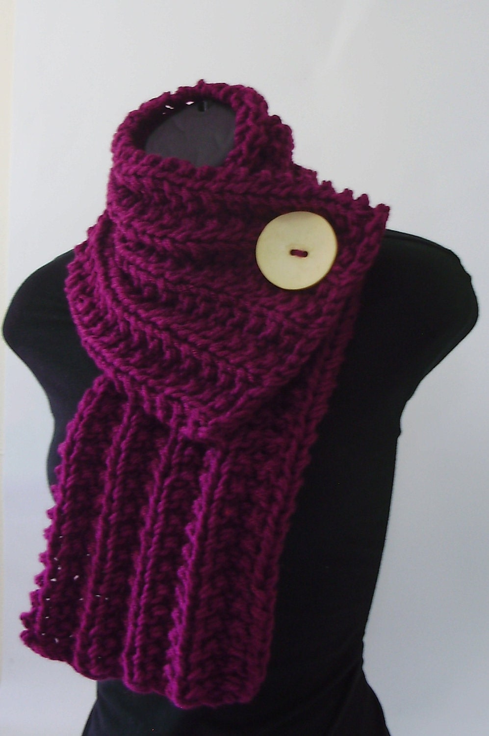 Wild Berry Purple Chunky Knit Cowl with Large White Button