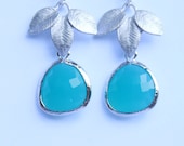 SALE - Aqua glass drop earrings with 3 leaf accent- blue glass earrings- dangle earrings - white gold - silver dangles