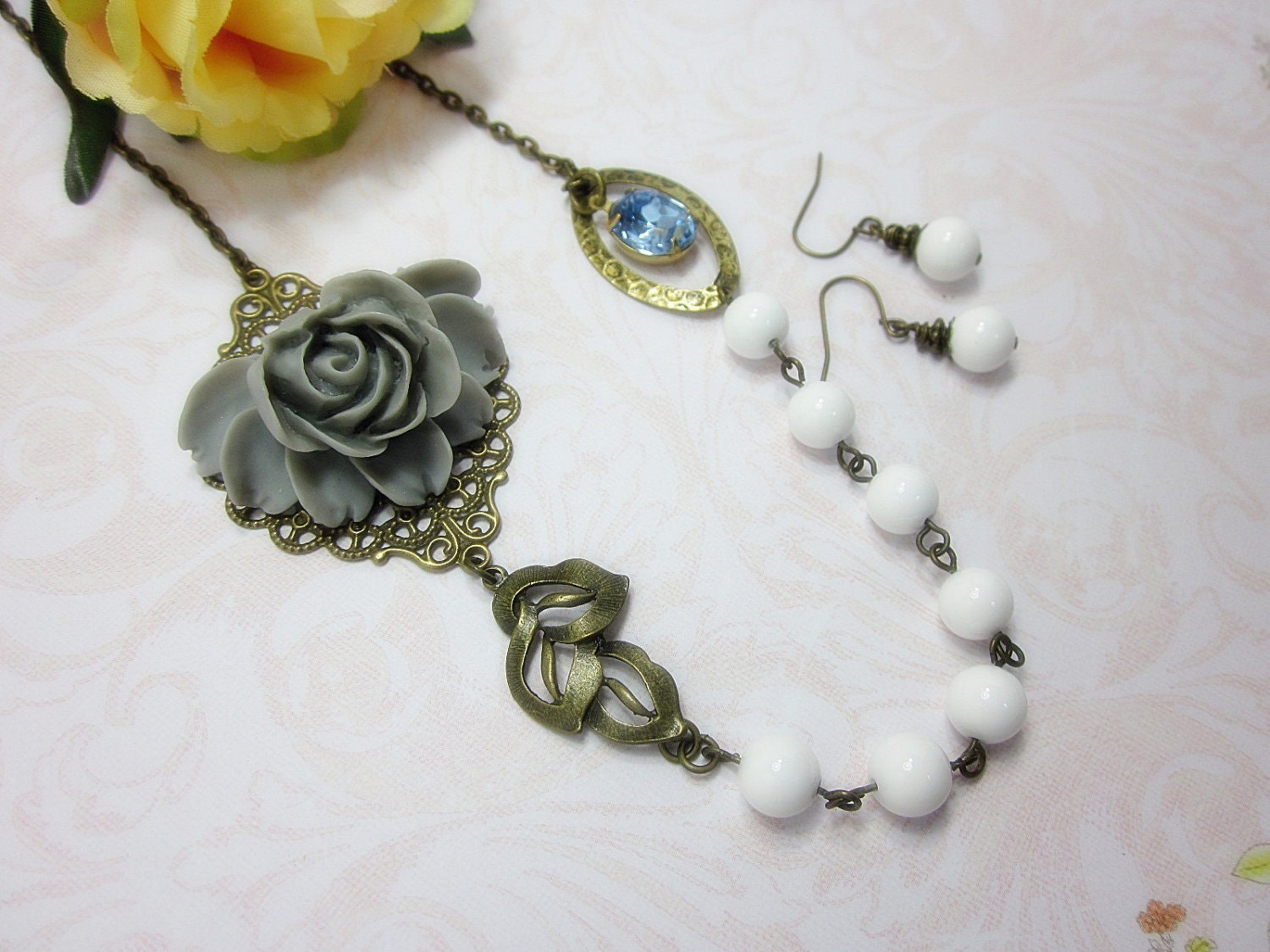 Grey Rose with white mother of pearls and glass jewel Necklace and Matching Earrings Set. Bridal Jewelry