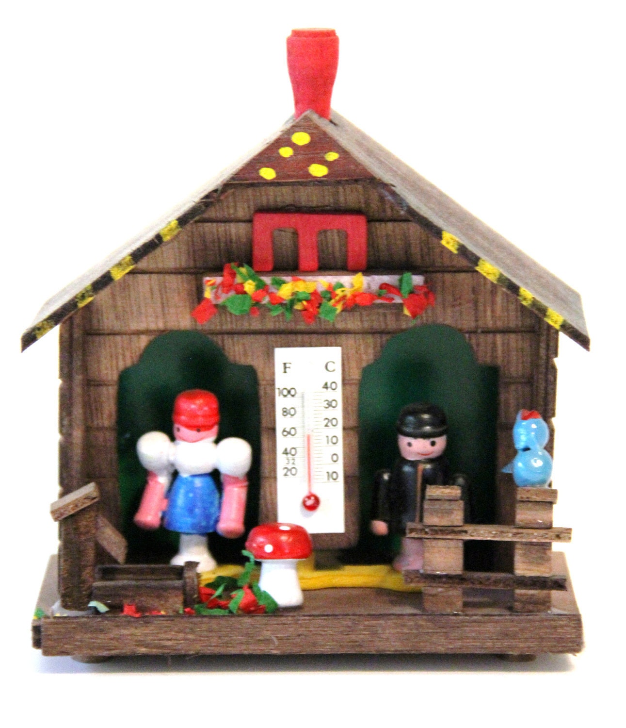 Vintage Wooden Weather House Barometer