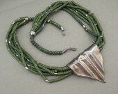 Green Bead Tribal Necklace Brass Metal Focal