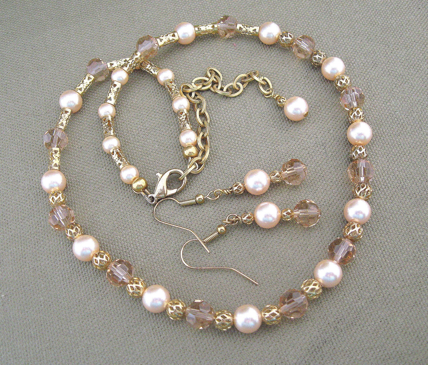 Peach Pearl Crystal Bead Strand Necklace Earrings Set
